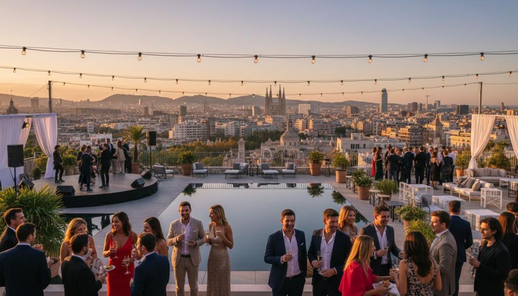 Equipo organizando un evento corporativo en Barcelona con decoración moderna y asistentes atentos