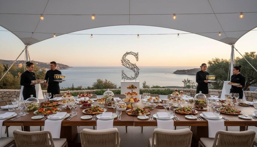 Buffet elegante de catering con variedad de platos gourmet y presentación profesional para eventos exclusivos